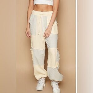 Pol Oatmeal color elastic waist with drawstring jogger pant.